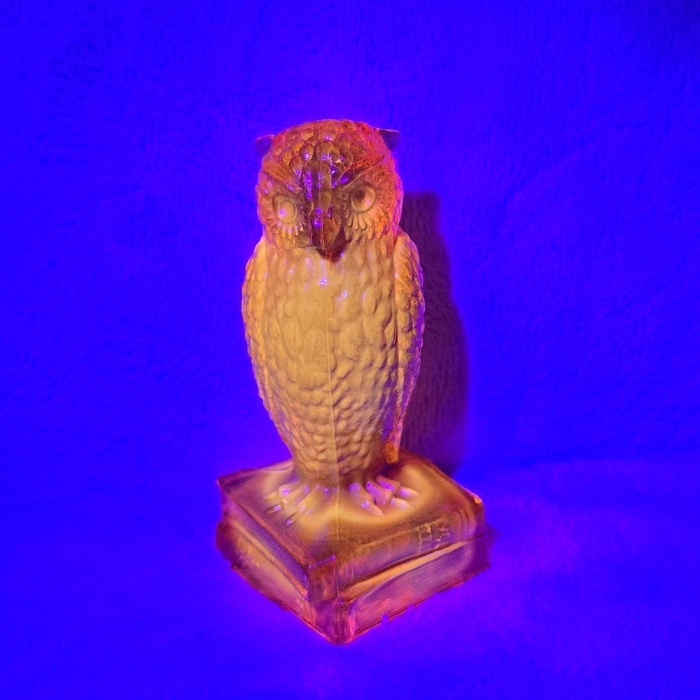 Vintage Degenhart Amber Glass Owl on Books Figurine UV Reactive Cadmium Glow